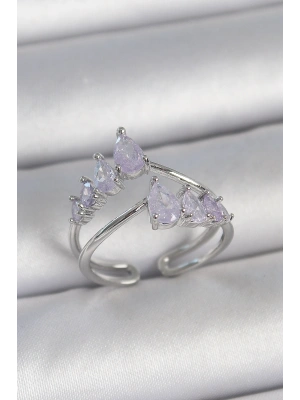 Pirinç Gümüş Renk Mor Damla Zirkon Taşlı Taç Model Kadın Yüzük