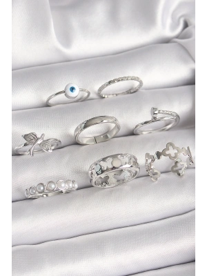 Pirinç Gümüş Renk Nazar Boncuk Detay İncili Kelebek İşlemeli Kadın Yüzük Kombini