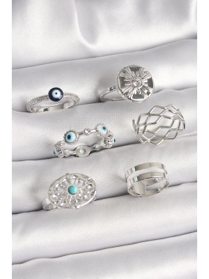 Pirinç Gümüş Renk Nazar Boncuk Zirkon Taş Detaylı Dalga Figür Kadın Yüzük Kombini