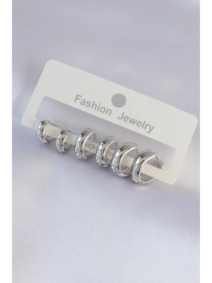 Pirinç Gümüş Renk Oval Bombeli Küpe Seti