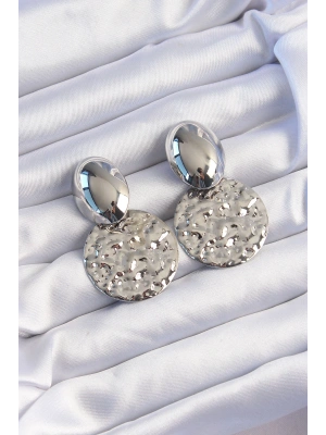 Pirinç Gümüş Renk Oval Ezme Plaka Küpe