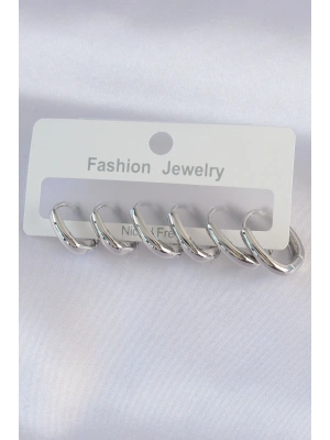 Pirinç Gümüş Renk Oval Küpe Seti