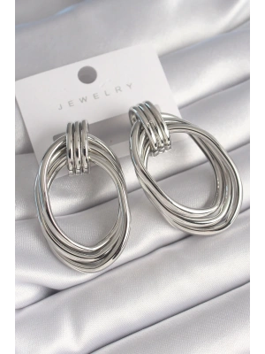 Pirinç Gümüş Renk Oval Model Kadın Küpe