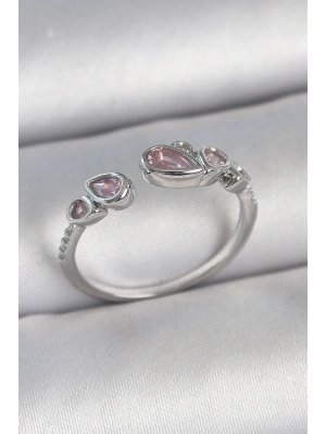 Pirinç Gümüş Renk Pembe Damla Zirkon Taşlı Ayarlanabilir Model Kadın Yüzük
