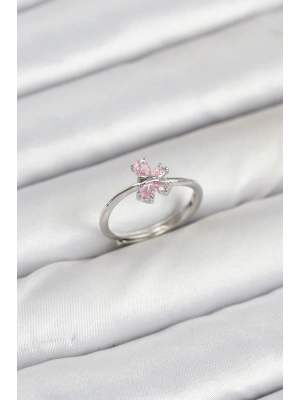Pirinç Gümüş Renk Pembe Kelebek Kadın Yüzük