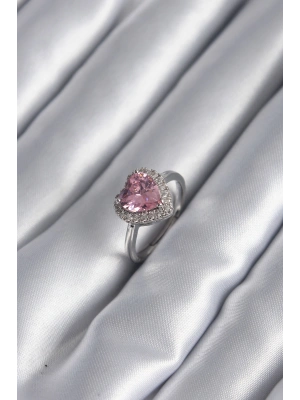 Pirinç Gümüş Renk Pembe Zirkon Taş Kalp Charm Model Kadın Yüzük