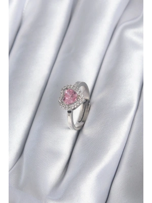 Pirinç Gümüş Renk Pembe Zirkon Taşlı Charm Model Kadın Yüzük