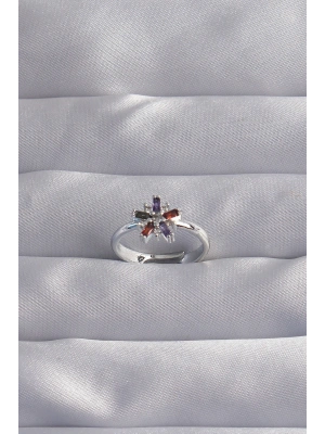 Pirinç Gümüş Renk Renkli Zirkon Taşlı Ayarlamalı Yüzük