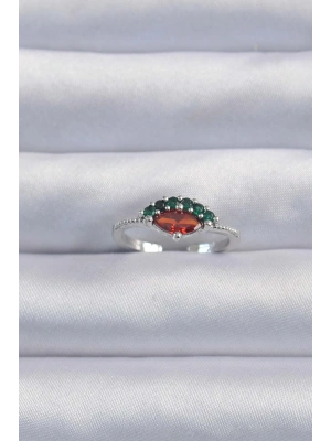 Pirinç Gümüş Renk Renkli Zirkon Taşlı Ayarlanabilir Karpuz Model Yüzük