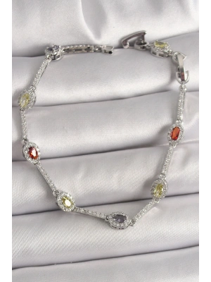 Pirinç Gümüş Renk Renkli Zirkon Taşlı Damla Taş Model Kadın Bileklik