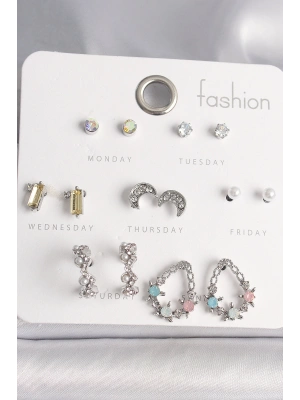 Pirinç Gümüş Renk Renkli Zirkon Taşlı Halka Damla Figür Hilal Detay 7 Çift Kadın Küpe Seti