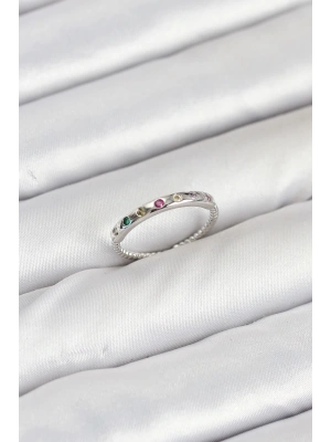 Pirinç Gümüş Renk Renkli Zirkon Taşlı Kadın Yüzük