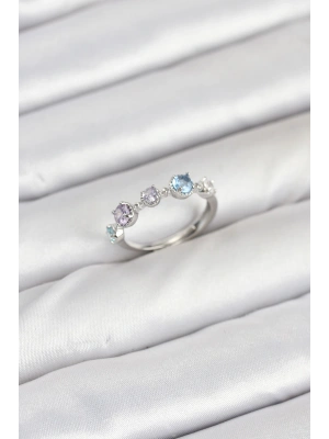 Pirinç Gümüş Renk Renkli Zirkon Taşlı Kadın Yüzük