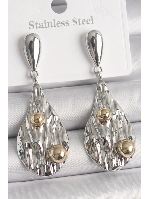 Pirinç Gümüş Renk Sallantı Damla Model Gold Topçuk Detay Kadın Küpe