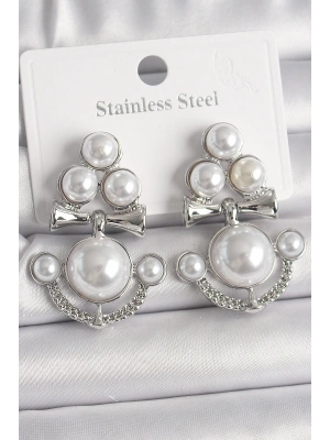 Pirinç Gümüş Renk Sallantı İncili Çapa Model Kadın Küpe