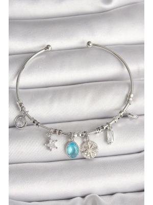 Pirinç Gümüş Renk Sallantı Pusula Figür Kalp Detay Charm Kadın Bileklik