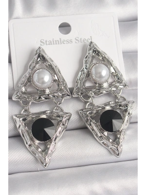 Pirinç Gümüş Renk Sallantı Üçgen Model İnci Detay Kadın Küpe