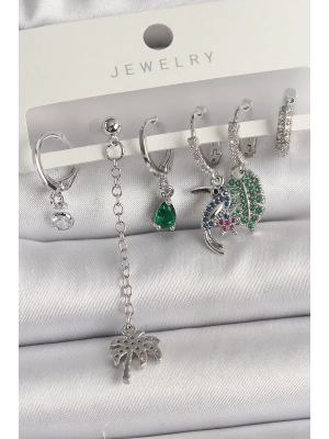 Pirinç Gümüş Renk Sallantı Zirkon Taşlı Ağaç Figür Çoklu Kadın Küpe Seti