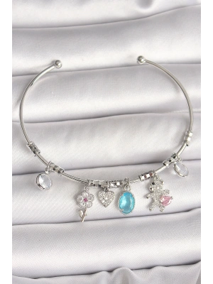 Pirinç Gümüş Renk Sallantı Zirkon Taşlı Ayıcık Figür Çiçek Detay Charm Kadın Bileklik