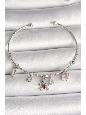 Pirinç Gümüş Renk Sallantı Zirkon Taşlı Ayıcık Figür Kırmızı Taş Detay Charm Kadın Bileklik