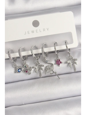 Pirinç Gümüş Renk Sallantı Zirkon Taşlı Deve Kuşu Figür Çoklu Kadın Küpe Seti