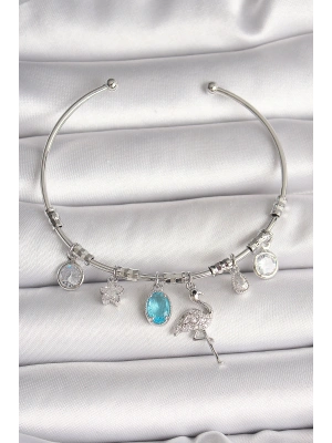 Pirinç Gümüş Renk Sallantı Zirkon Taşlı Filaminga Figür Charm Kadın Bileklik