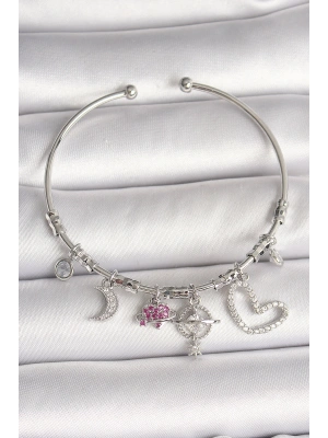 Pirinç Gümüş Renk Sallantı Zirkon Taşlı Gezegen Figür Kalp Detay Charm Kadın Bileklik