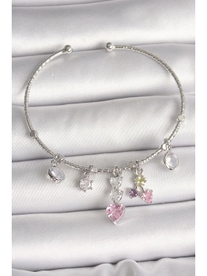 Pirinç Gümüş Renk Sallantı Zirkon Taşlı Kalp Figür Charm Kadın Bileklik