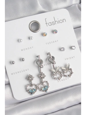 Pirinç Gümüş Renk Sallantı Zirkon Taşlı Kalp Model Düğüm Detay 7 Çift Kadın Küpe Seti