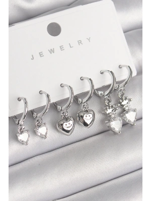 Pirinç Gümüş Renk Sallantı Zirkon Taşlı Kalp Model Taç Detay Kadın Küpe Seti