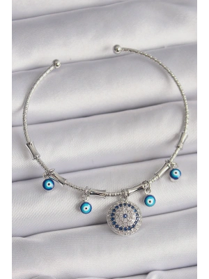 Pirinç Gümüş Renk Sallantı Zirkon Taşlı Nazar Boncuk Figür Charm Bileklik