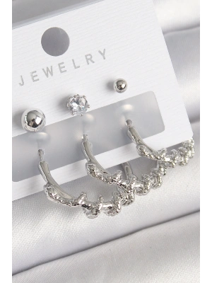 Pirinç Gümüş Renk Sarmal Yılan Halka Model Zirkon Taşlı Topçuk Detay Kadın Küpe Seti