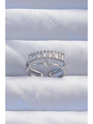 Pirinç Gümüş Renk Sedefli Zirkon Taşlı Su Yolu Model 2li Görünüm Ayarlanabilir Yüzük