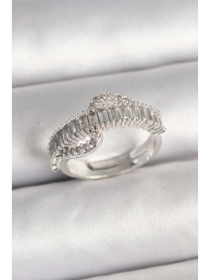 Pirinç Gümüş Renk Su Yolu Zirkon Taşlı Ayarlanabilir Model Kadın Yüzük