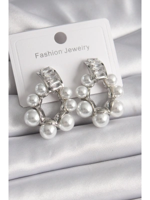 Pirinç Gümüş Renk Su Yolu Zirkon Taşlı İncili Halka Model Kadın Küpe