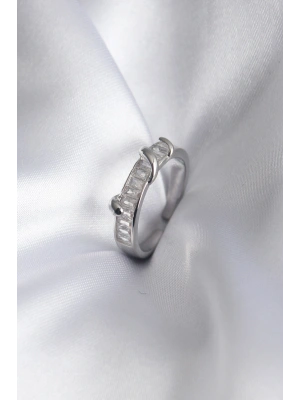 Pirinç Gümüş Renk Su Yolu Zirkon Taşlı Kadın Yüzük