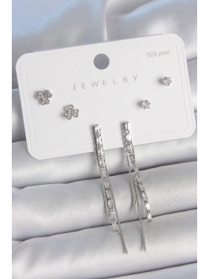 Pirinç Gümüş Renk Su Yolu Zirkon Taşlı Sallantı Model Çiçek Detay 925 Ayar Gümüş Çivi Kadın Küpe Seti