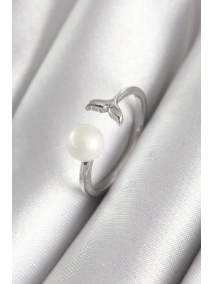 Pirinç Gümüş Renk Top İnci Figür Balık Kuyruğu Model Kadın Yüzük