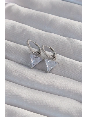 Pirinç Gümüş Renk Üçgen Zirkon Taşlı Sallantılı Halka Küpe