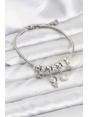 Pirinç Gümüş Renk Uzay Tema Charmlı Kadın Bileklik
