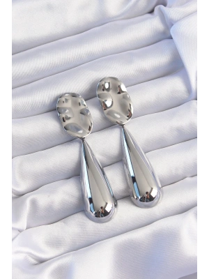 Pirinç Gümüş Renk Uzun Bombeli Ezme Plaka Küpe