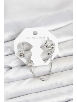 Pirinç Gümüş Renk Yılan Model Zincir Bağlantılı Ear Cuff Küpe Seti