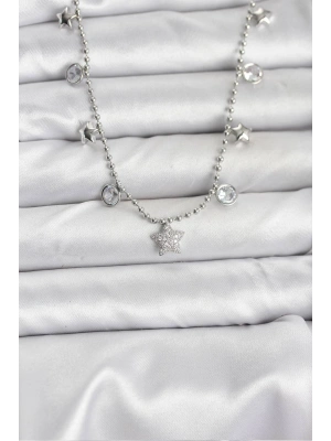 Pirinç Gümüş Renk Yıldız Model Kadın Kolye