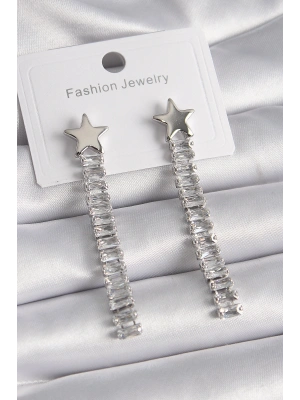 Pirinç Gümüş Renk Yıldız Model Su Yolu Zirkon Taş Kadın Küpe