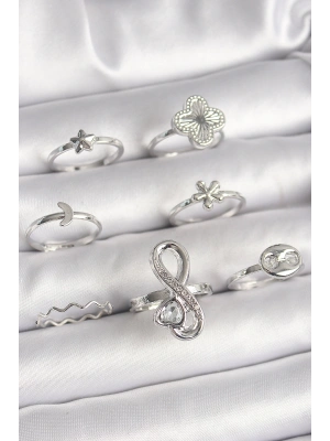 Pirinç Gümüş Renk Yonca Figür Sonsuzluk Zirkon Taşlı Kalp Detay Kadın Yüzük Kombini