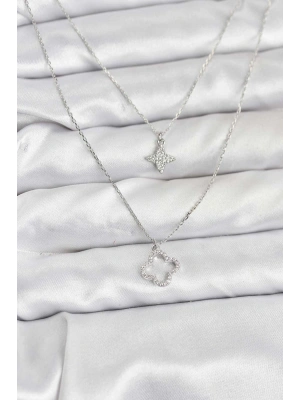Pirinç Gümüş Renk Yonca Model 2li Kadın Kolye