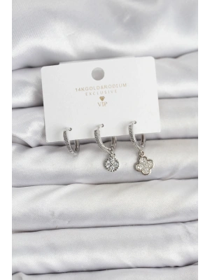 Pirinç Gümüş Renk Yonca Model 3lü Kadın Küpe Seti