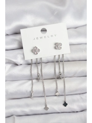 Pirinç Gümüş Renk Yonca Model Sallantılı Kadın Küpe