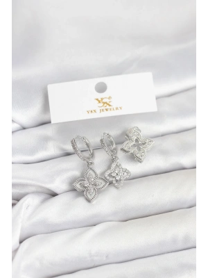 Pirinç Gümüş Renk Yonca Model YSX Trio Küpe Seti