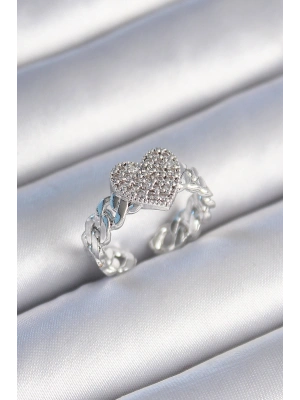 Pirinç Gümüş Renk Zincir Kordon Zirkon Taşlı Kalp Model Kadın Yüzük